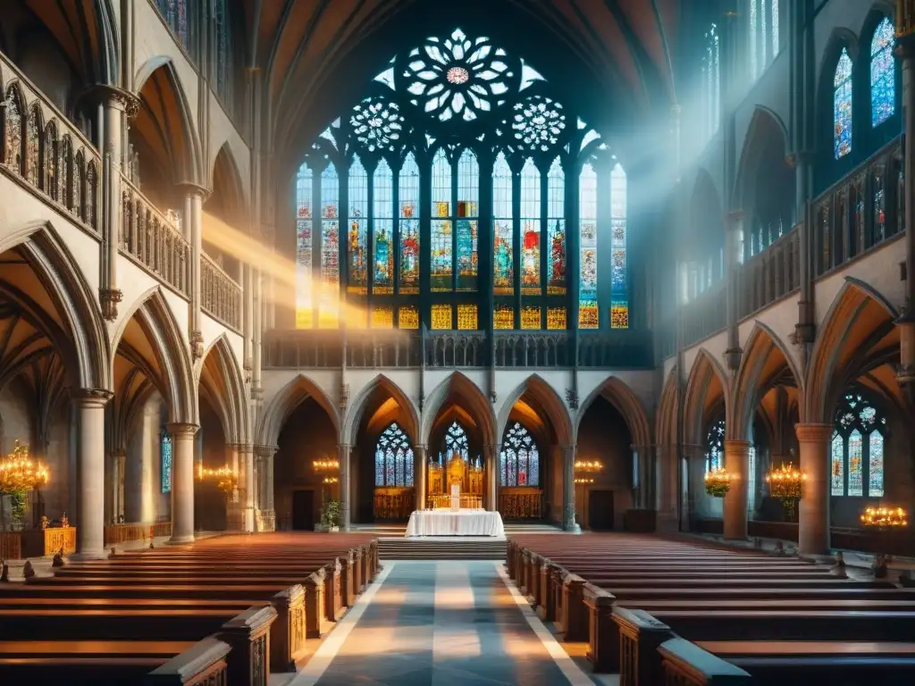 Esplendor gótico: catedral y castillo medieval en un valle verde Imponente catedral gótica sobre castillo medieval, con esculturas detalladas y paisaje verde