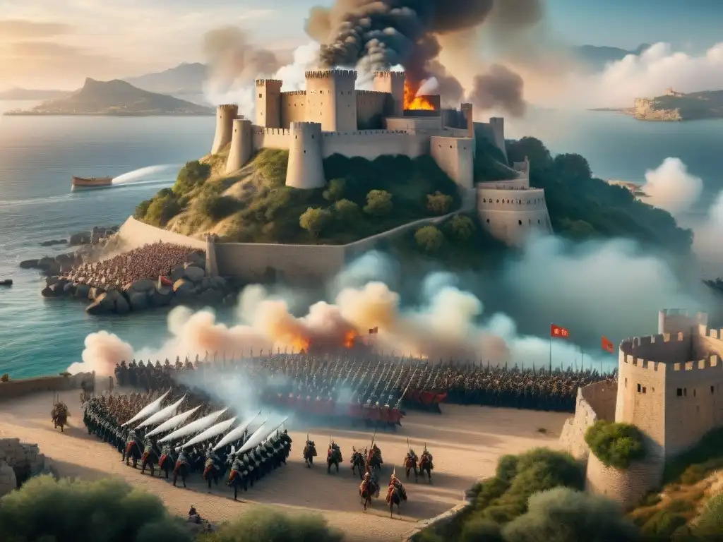 Batalla de Algeciras en 1344: detallado y épico panorama medieval Imponente escena del Asedio de Algeciras en 1344, con castillos, soldados y tensión en la Edad Media