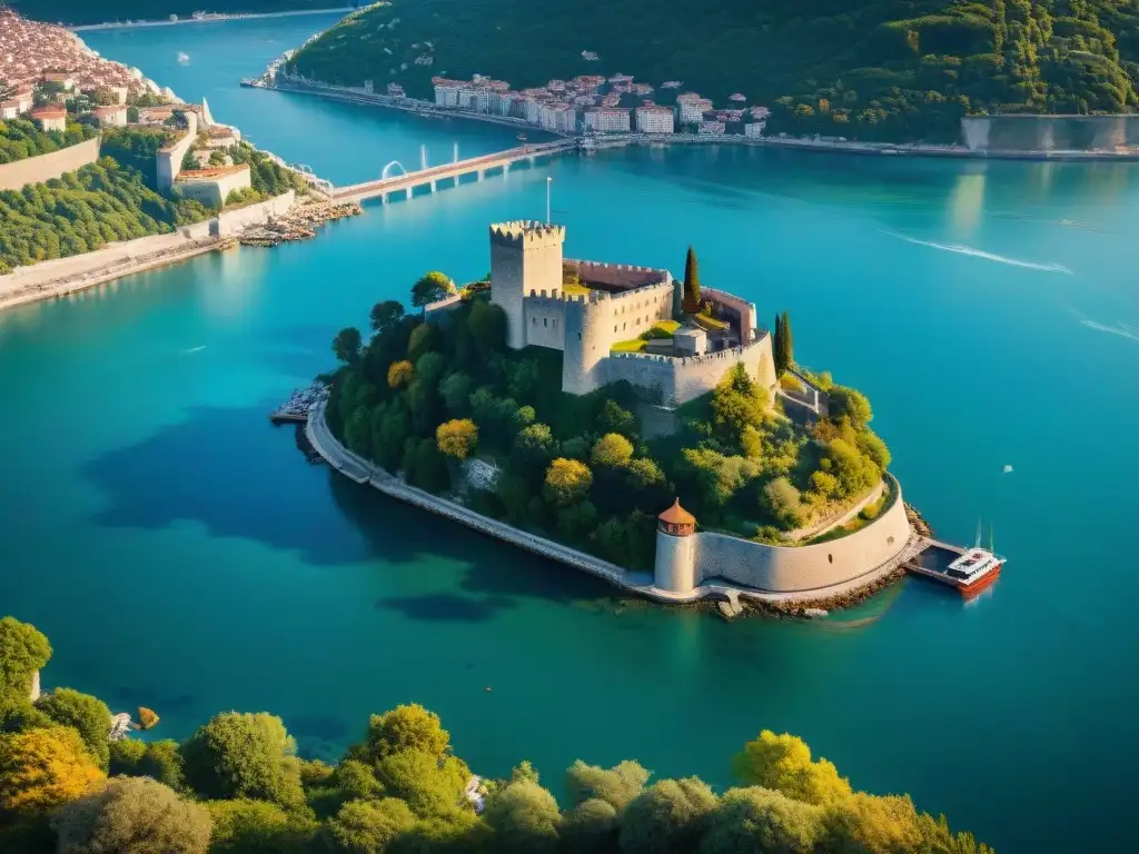 Imponente fortaleza de Rumeli Hisarı bañada por la cálida luz del atardecer en el Estrecho del Bósforo