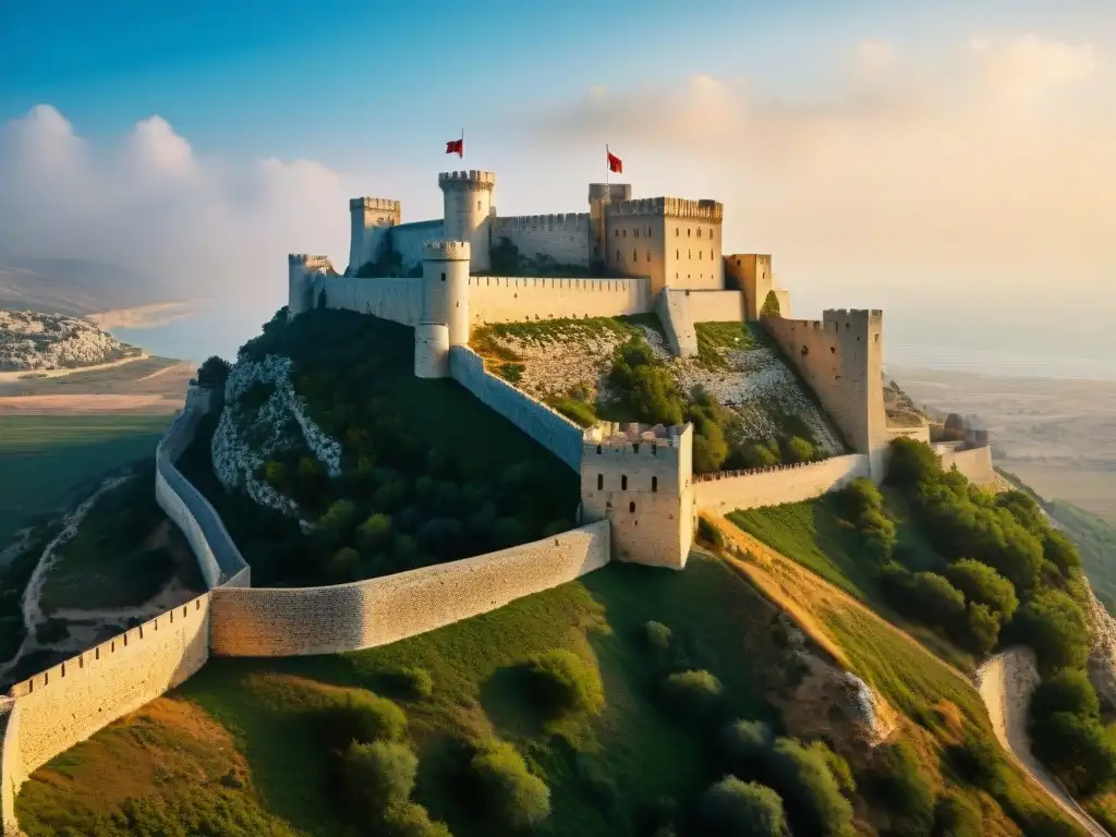 Fortaleza de Krak des Chevaliers al atardecer: majestuosidad en 8k Imponente fortaleza cruzada en el Levante bajo la luz dorada del atardecer, destacando su arquitectura y relevancia estratégica