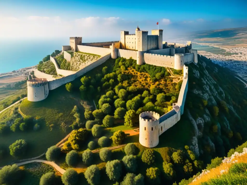 Imponente fortaleza de Krak des Chevaliers en Siria Imponente fortaleza de las fortificaciones cruzadas en el Levante, destacando sus murallas de piedra y torres estratégicas bajo la luz del sol