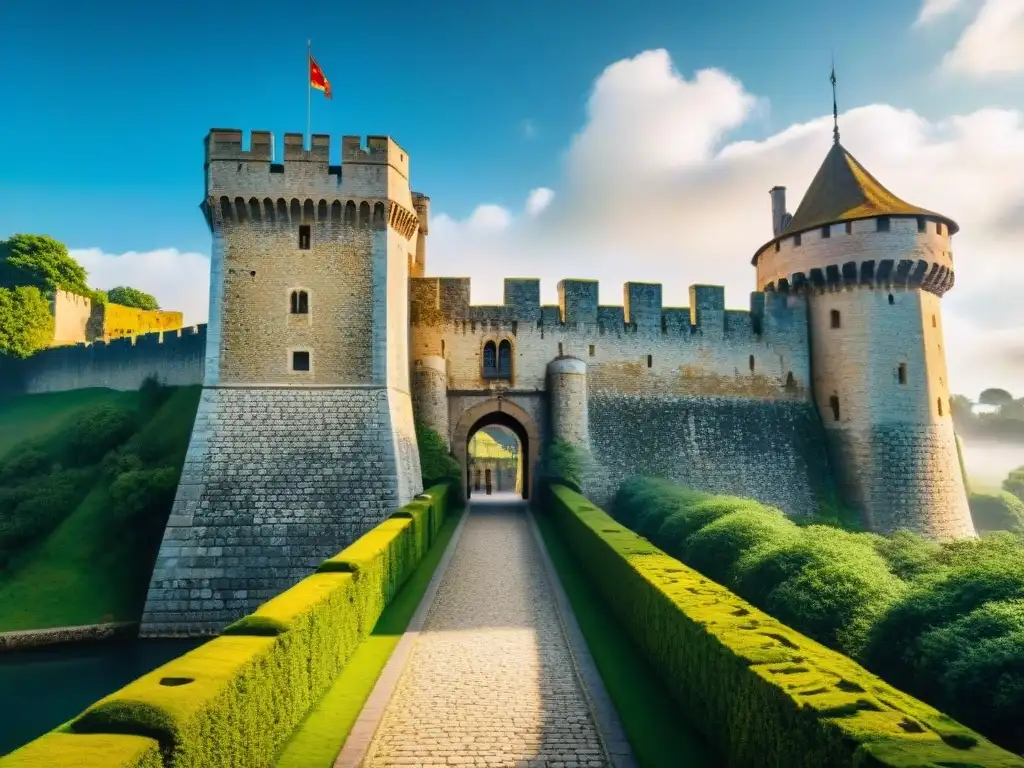 Fortaleza medieval: defensa estratégica entre naturaleza y cielo Imponente fortaleza medieval diseñada para el contraespionaje en un entorno natural exuberante