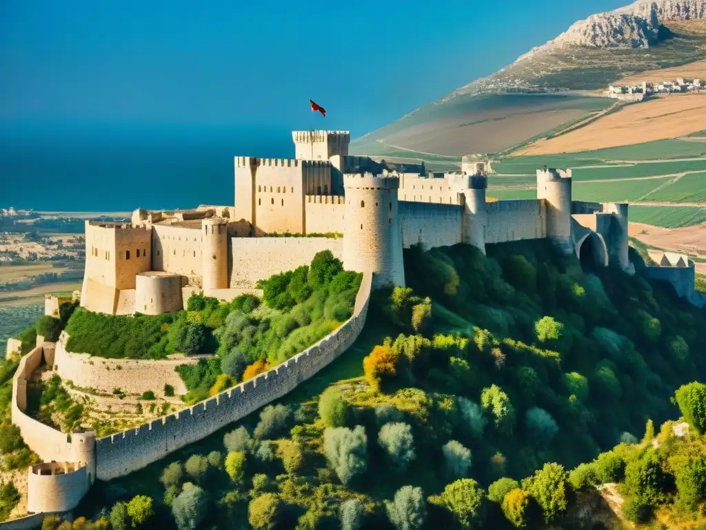 Fortaleza de Krak des Chevaliers: historia y grandiosidad Imponente fortaleza del Medio Oriente misteriosa con murallas de piedra y torres defensivas, bajo el sol brillante