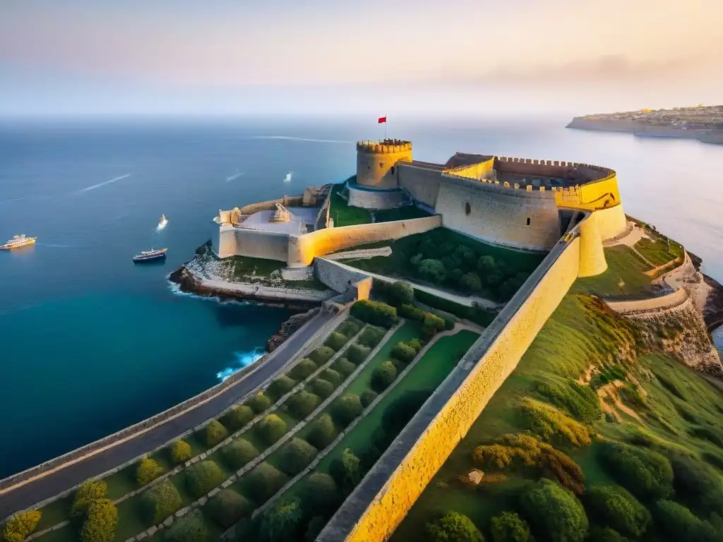 Fortaleza de Malta bañada en luz dorada: historia y fortaleza Imponente fortaleza de la Orden de Malta bañada en luz dorada junto al mar Mediterráneo