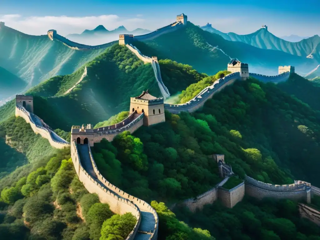Gran Muralla China: Majestuosa maravilla histórica La imponente Gran Muralla China serpenteando entre montañas, bajo un cielo azul, evoca la grandeza de los castillos chinos en la cultura popular