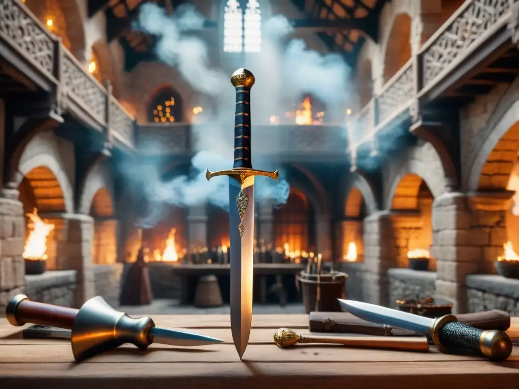 Armería medieval: armas y forja en castillo Una imponente armería medieval en un castillo, con armas de caballeros en exhibición bajo la luz del sol y un herrero forjando una espada en un horno