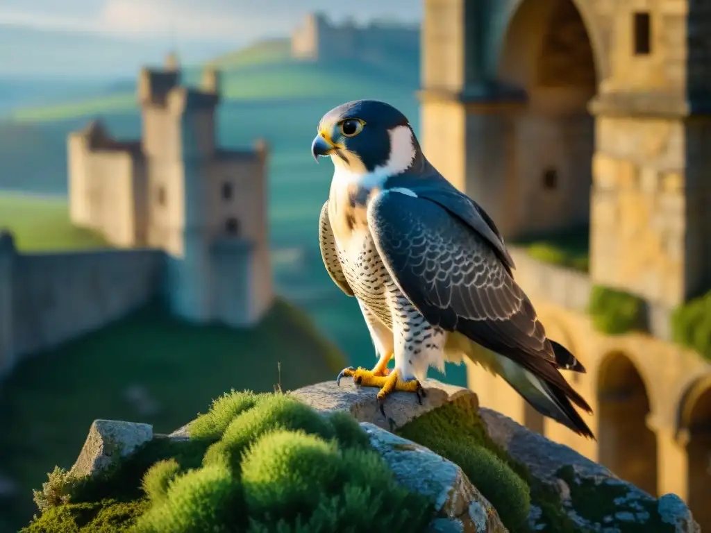 Imponente halcón peregrino en ruinas de castillo, mostrando la conexión entre aves y estructuras históricas