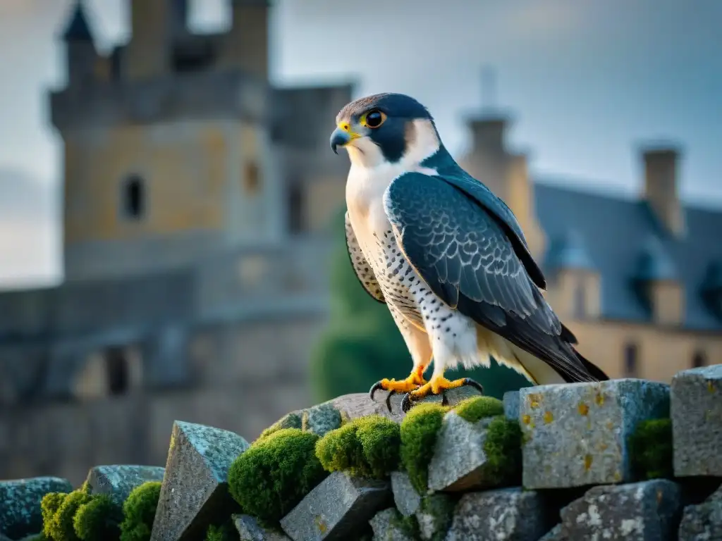 Imponente halcón peregrino en ruinas de castillo, mirada fija en el horizonte