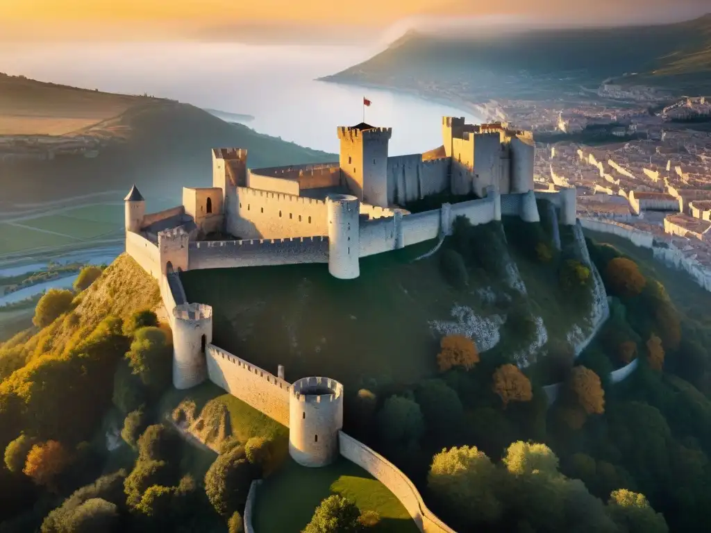 Silueta imponente del Crac des Chevaliers al atardecer La imponente silueta del Crac des Chevaliers al atardecer, destacando su intrincada arquitectura y murallas imponentes