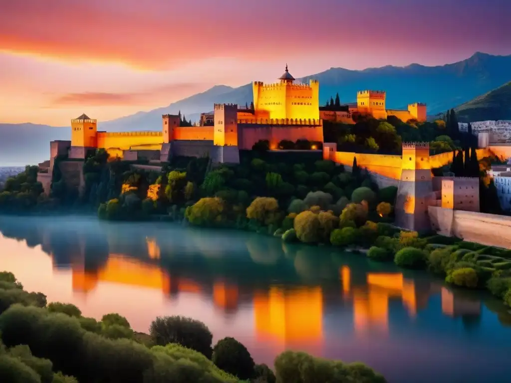 Silueta majestuosa de la Alhambra al atardecer La imponente silueta de la fortaleza de la Alhambra al anochecer, reflejada en el río, evoca historia y grandiosidad de castillos emblemáticos