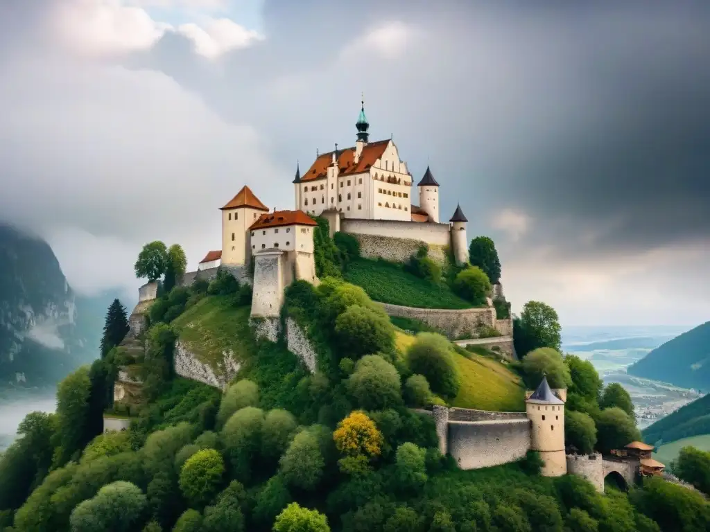 Castillo Hochosterwitz: Murallas medievales bajo cielos dramáticos Los imponentes muros medievales del Castillo Hochosterwitz bajo un cielo dramático, mostrando su arquitectura defensiva
