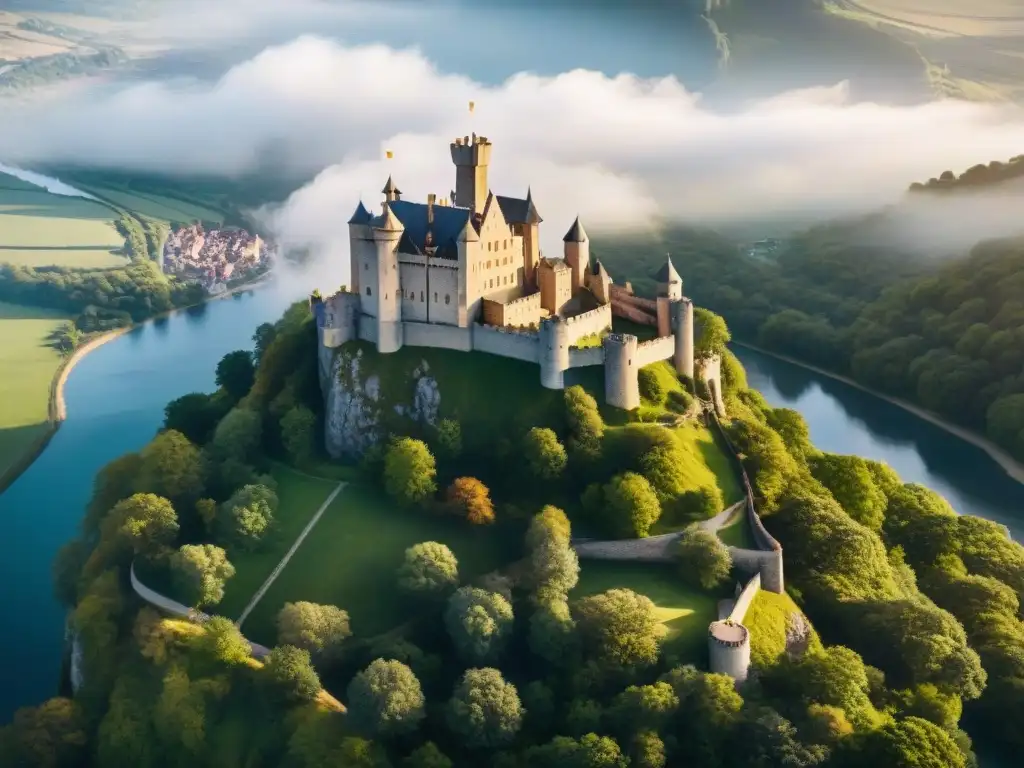 Castillo medieval en acantilado: vista aérea detallada Impresionante representación aérea de un castillo medieval en un acantilado