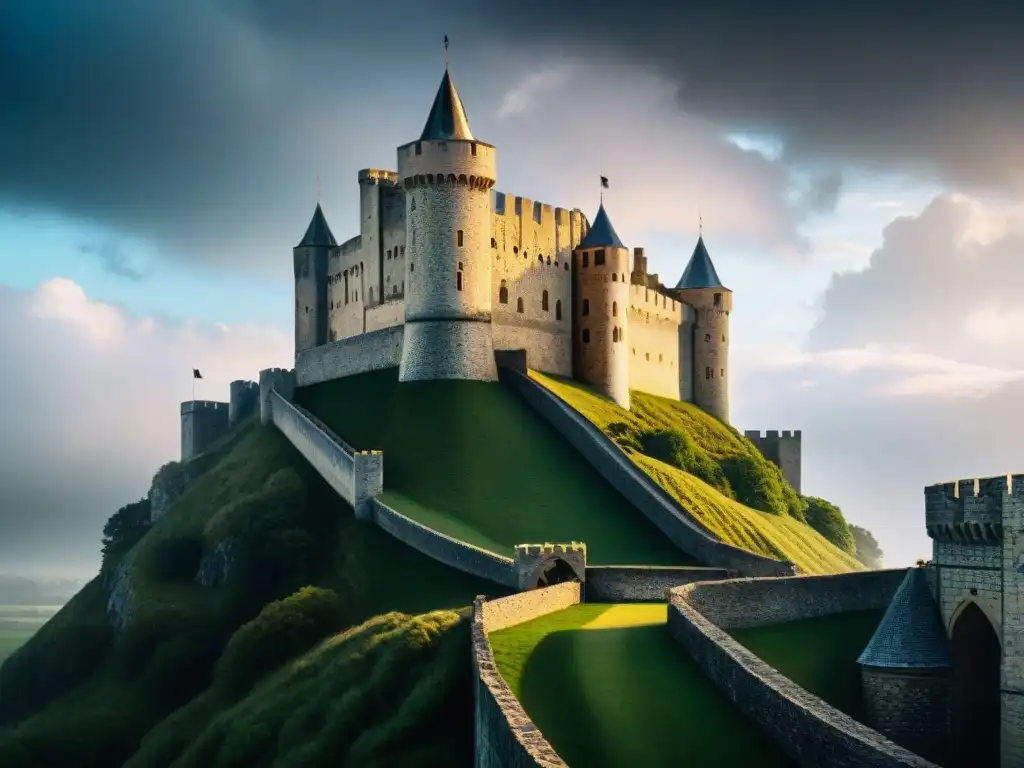 Castillo medieval: defensas imponentes bajo cielos tormentosos Impresionante arquitectura defensiva de un castillo medieval contra múltiples invasores