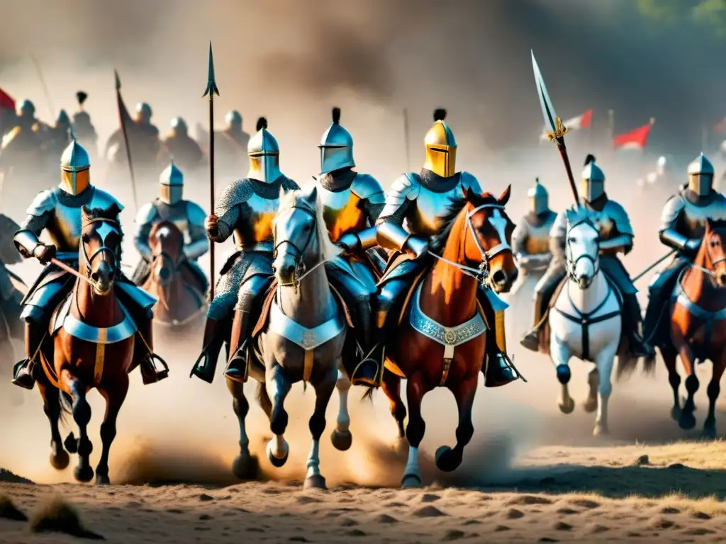 Caballeros medievales en épica batalla con armaduras y lances Impresionante batalla medieval: tácticas de caballería, armamento y brutalidad en el campo de batalla