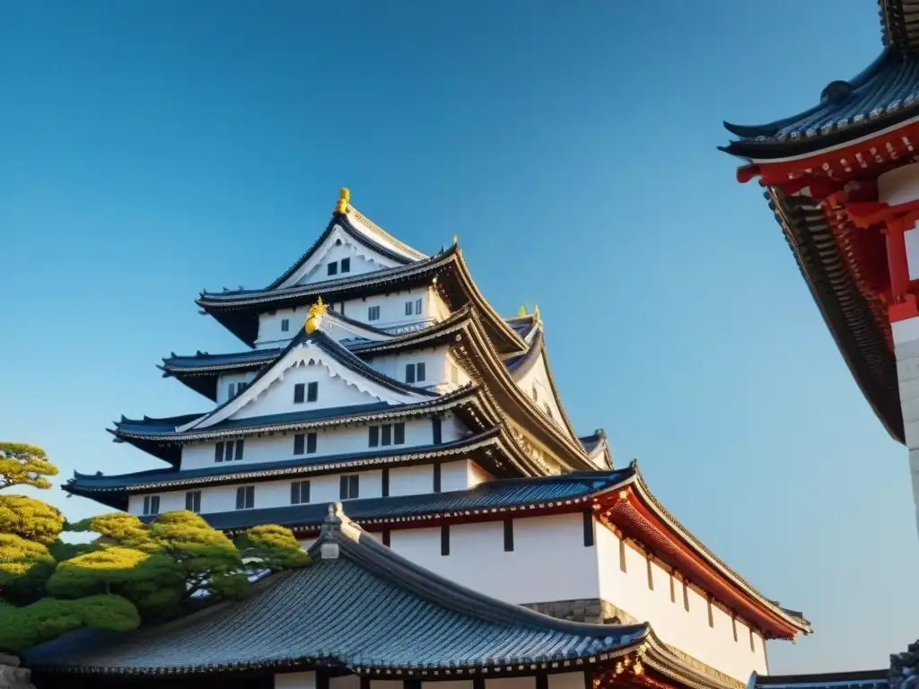 Esplendor histórico: Detalles del Castillo de Himeji en Japón Impresionante castillo chino en Japón resaltando su elegante fachada blanca bajo el cielo azul