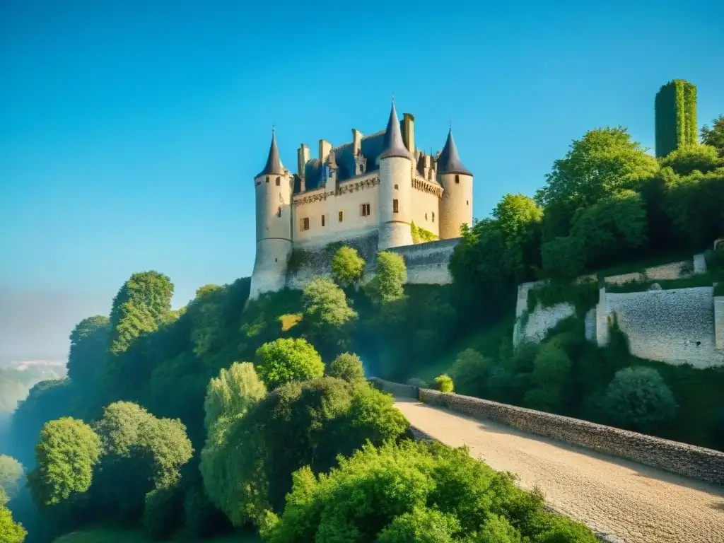 Castillo de Chinon: majestuosidad y historia en un cielo azul Impresionante Castillo de Chinon Juana Arco bajo cielo azul, majestuosas murallas de piedra y exuberante vegetación
