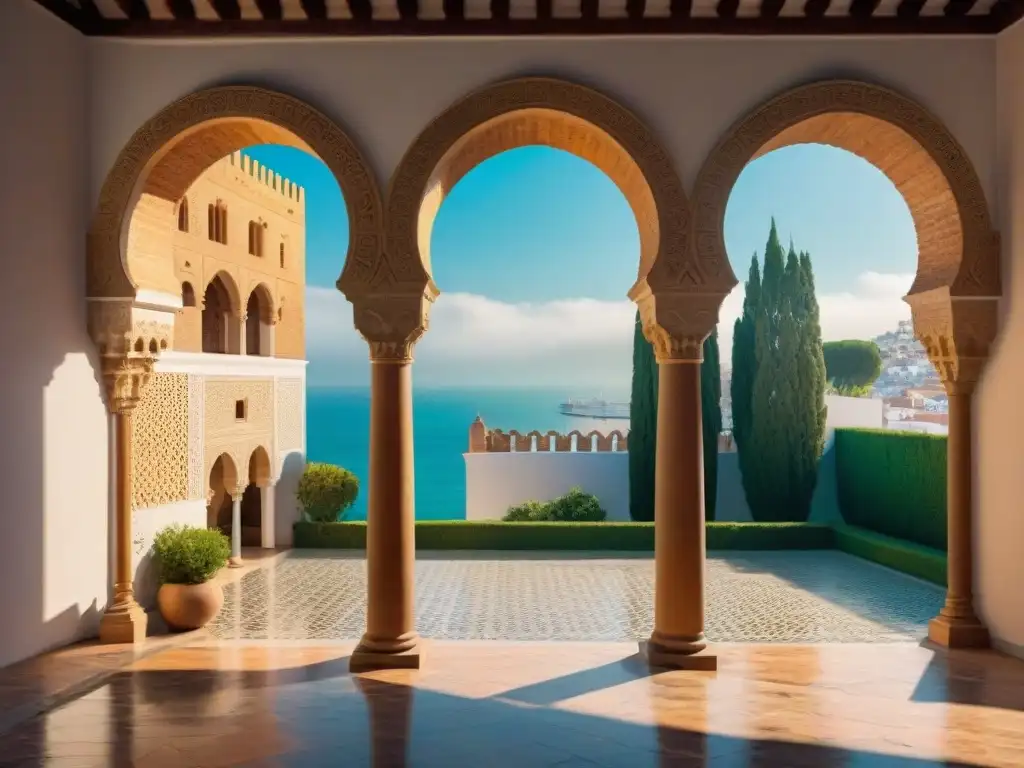 Detalle 8k de la Alcazaba de Málaga: arquitectura Mudéjar y fusión cultural Impresionante castillo estilo Mudéjar histórico en Málaga con detalles arquitectónicos detallados y fusionados entre culturas