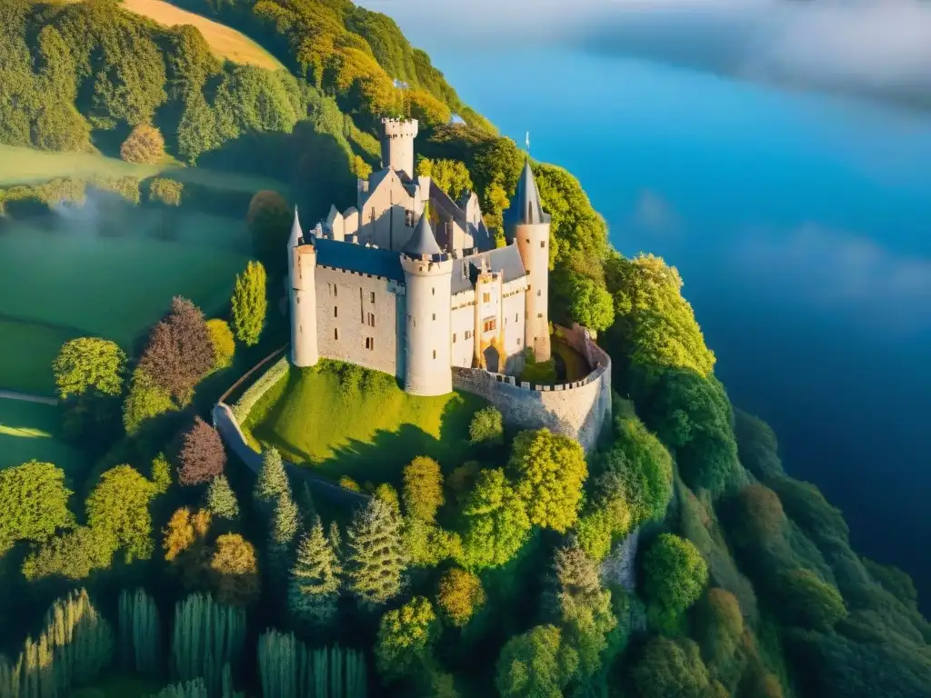 Castillo medieval: majestuosidad en la naturaleza Impresionante castillo medieval en colina verde, rodeado de bosque bajo cielo azul