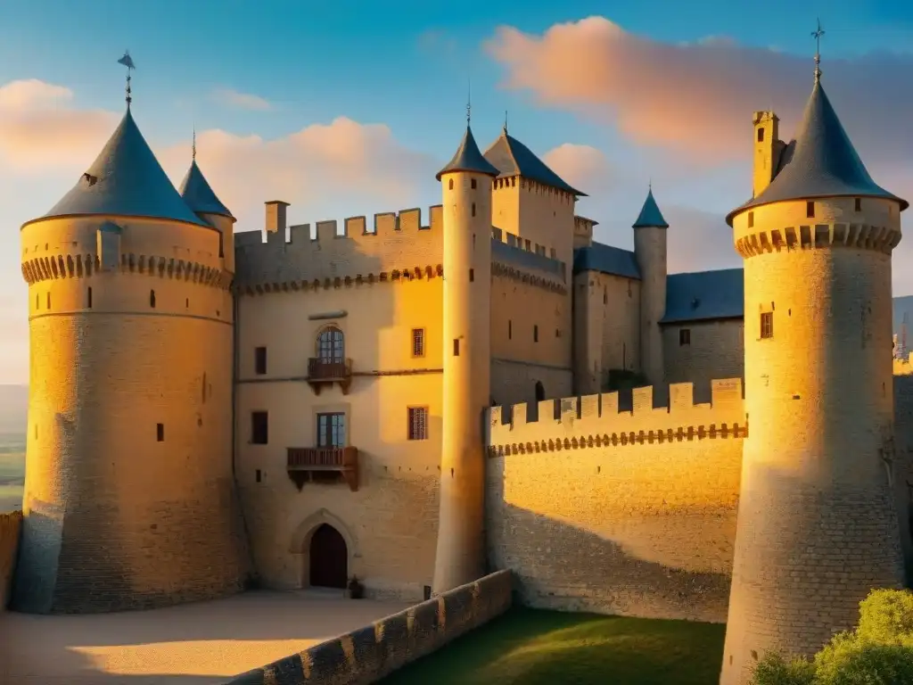 Atardecer dorado en Castillo de Olite, Navarra Impresionante Castillo de Olite al atardecer, con luz dorada destacando su arquitectura medieval