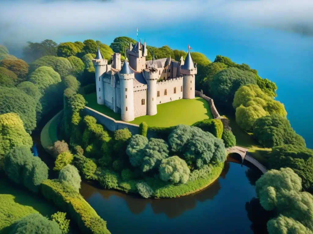 Castillo histórico: majestuosidad y belleza centenaria Impresionante castillo rodeado de exuberante vegetación, con muros de piedra, torres imponentes y un foso de agua clara
