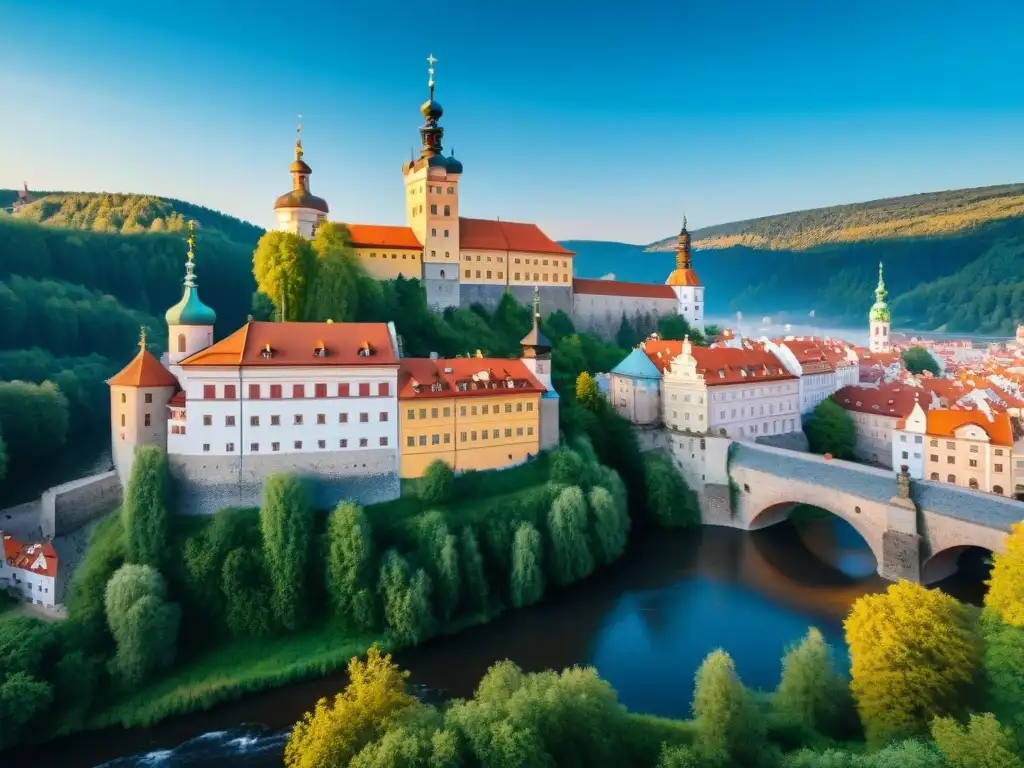 Castillo de Český Krumlov: majestuosidad histórica Impresionante Castillo Český Krumlov rodeado de exuberante naturaleza, río Vltava y turistas vestidos de época