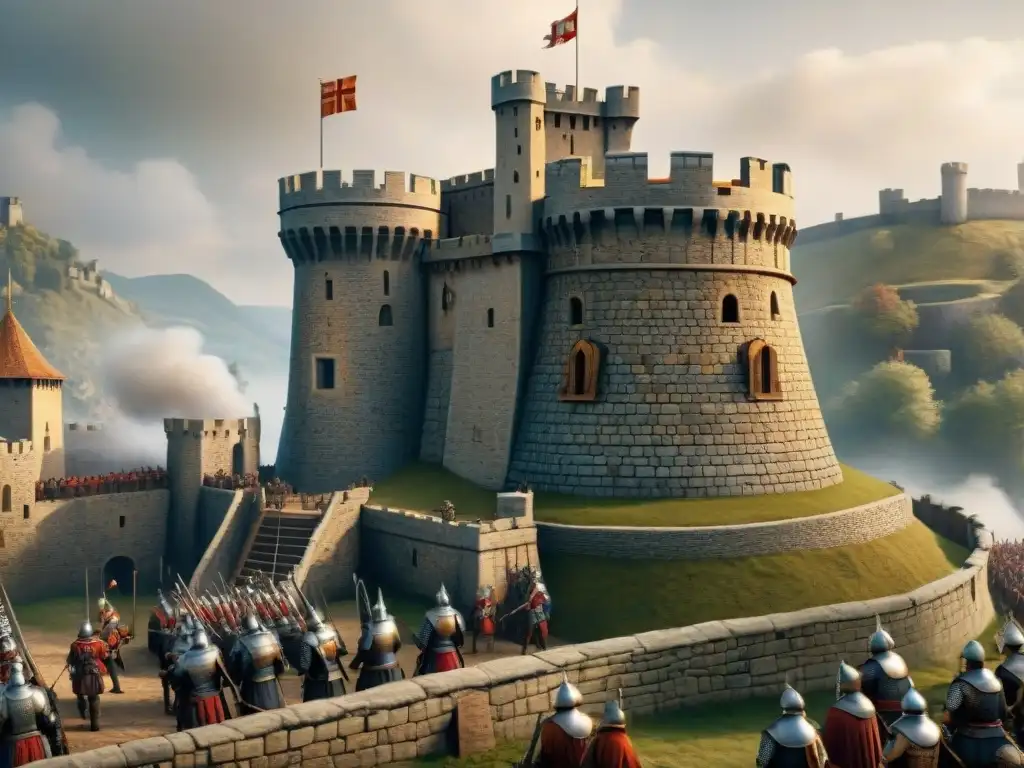 Detalle épico de torre de artillería medieval Impresionante ilustración detallada de una torre de artillería en un castillo medieval