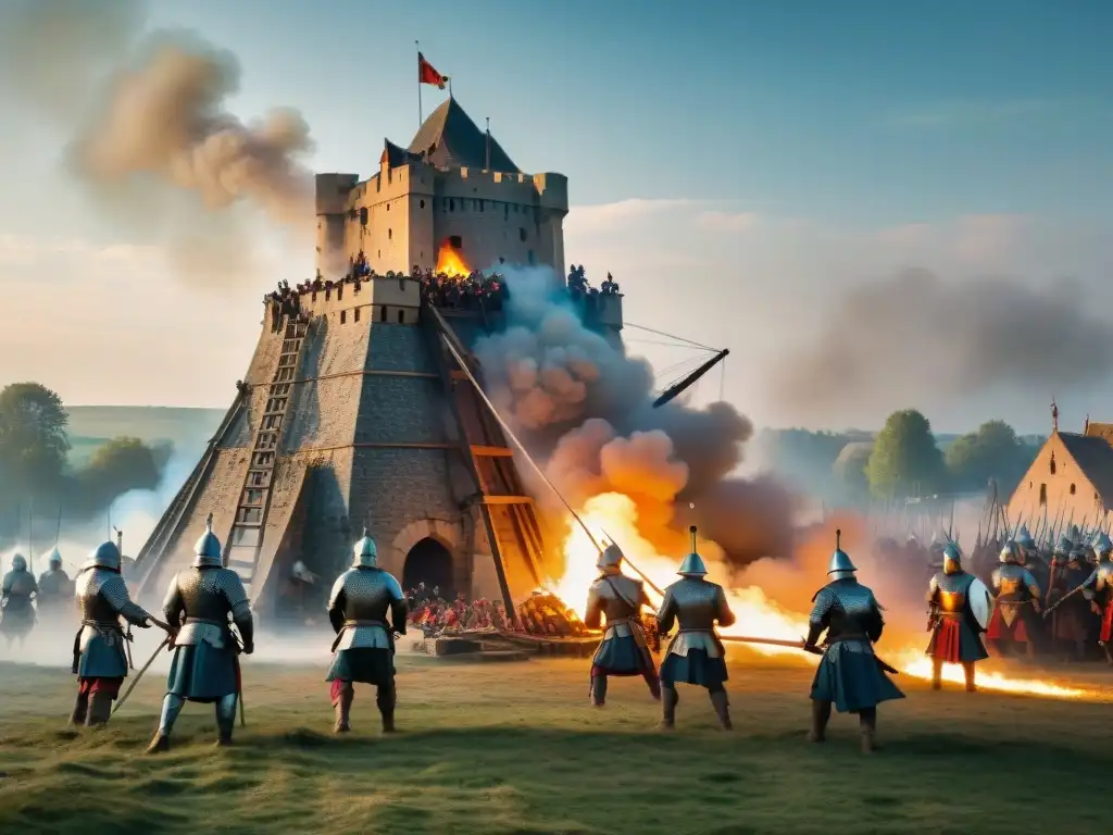 Asedio medieval: trebuchet en acción ante majestuoso castillo Impresionante escena de artillería en castillos medievales, con trebuchet lanzando proyectil en asedio