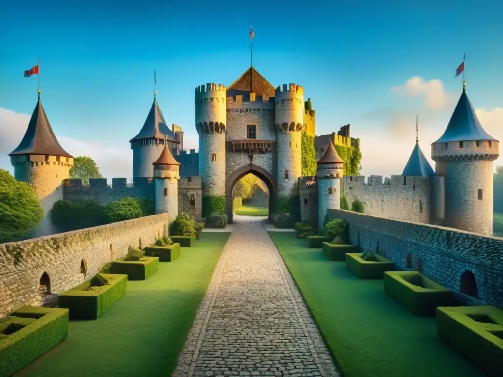 Castillo medieval majestuoso en un paisaje verde exuberante Una impresionante fantasía medieval: castillo majestuoso rodeado de exuberante vegetación, foso con puente levadizo y cielo azul