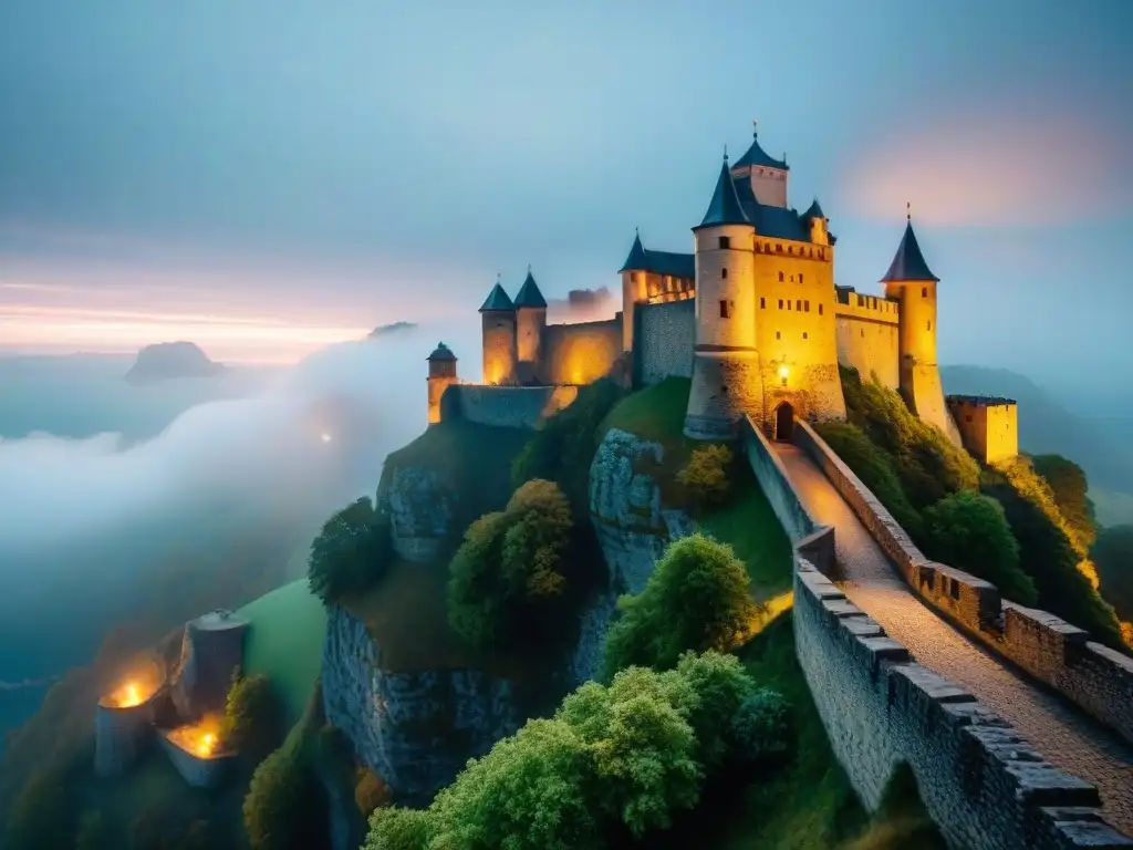 Fortaleza de Königstein: misterio y peligro en la Edad Media Impresionante fortaleza de Königstein en la niebla con soldados en alerta por la peste negra