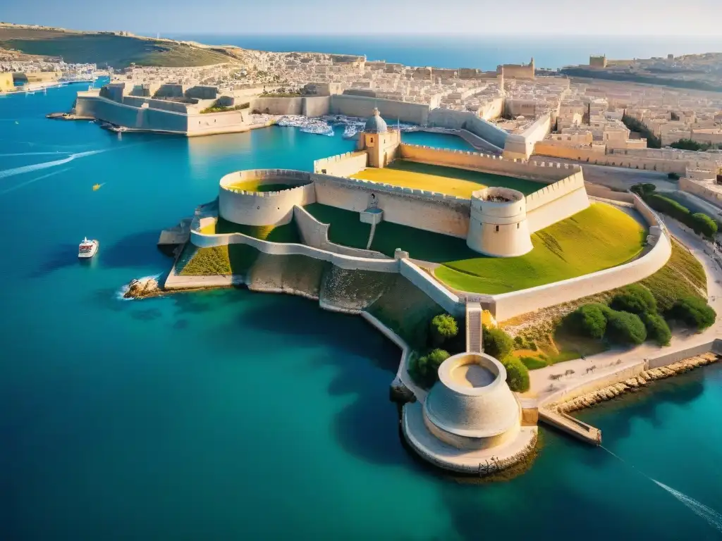 Fortaleza medieval en Malta: historia y poder Impresionante Fortaleza de la Orden de Malta en Birgu, Malta, bañada por la luz dorada del sol