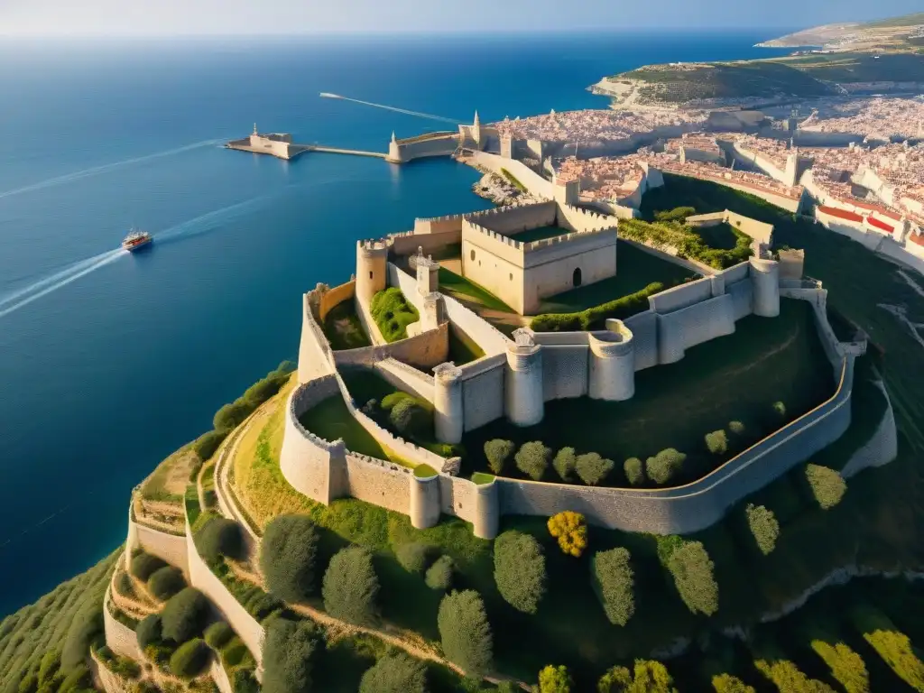 Fortaleza histórica de los Caballeros de Malta: sombras y piedra Impresionante fortaleza de la Orden de Malta, con muros de piedra detallados y estratégicamente iluminados por el sol