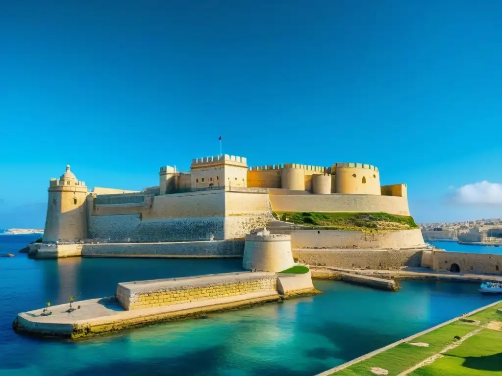 Fortaleza imponente de Malta: detalle excepcional del Fuerte St Impresionante fortaleza de la Orden de Malta en Birgu, Malta, con detalles arquitectónicos y cañones bajo el cielo azul