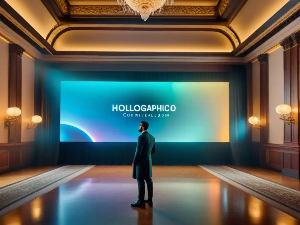 Despliegue holográfico futurista en salón histórico Un impresionante holograma futurista integrado en un salón histórico, capturando la fusión de tecnología y tradición en eventos corporativos