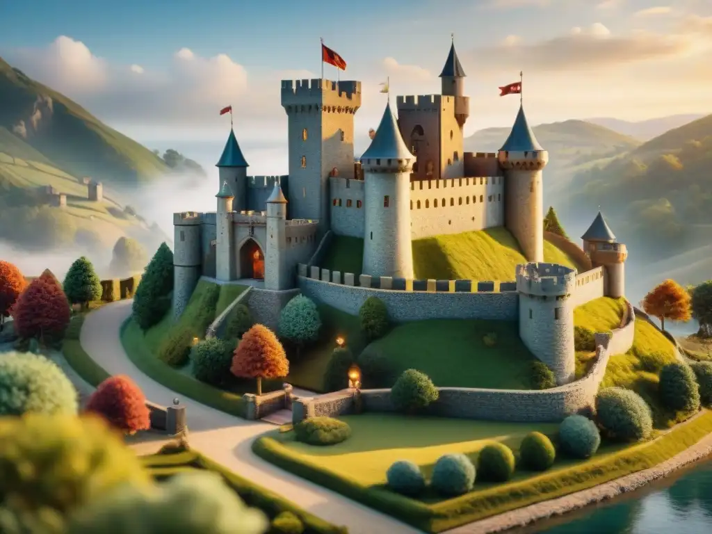 Réplica medieval detallada: castillo en miniatura Impresionante modelo detallado de castillo medieval con minuciosos detalles y figurillas
