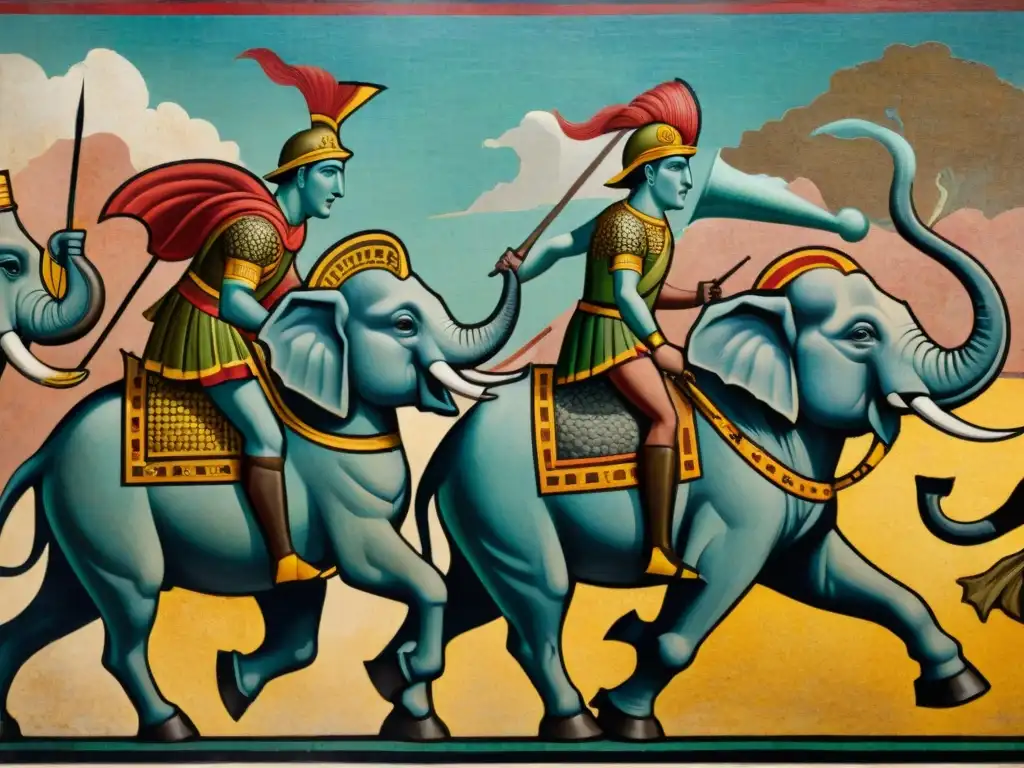 Mosaico de Pompeya: Elefantes de guerra en batalla Impresionante mosaico de animales en la guerra con armamento en Pompeya