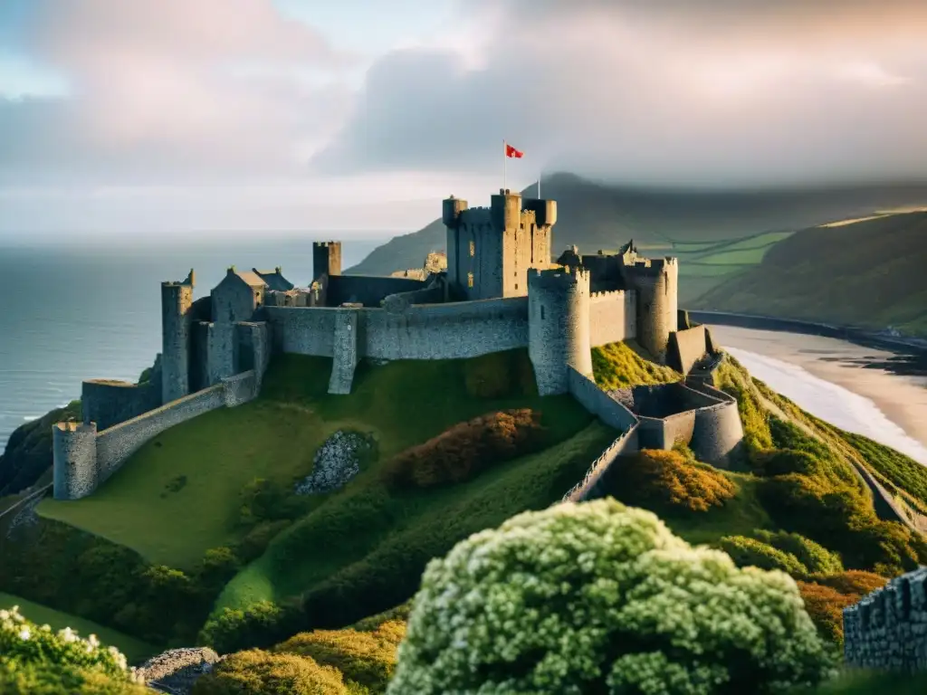 Impresionante ruinas medievales del Castillo de Harlech en Gales bajo cielos dramáticos, evocando historia y heroísmo