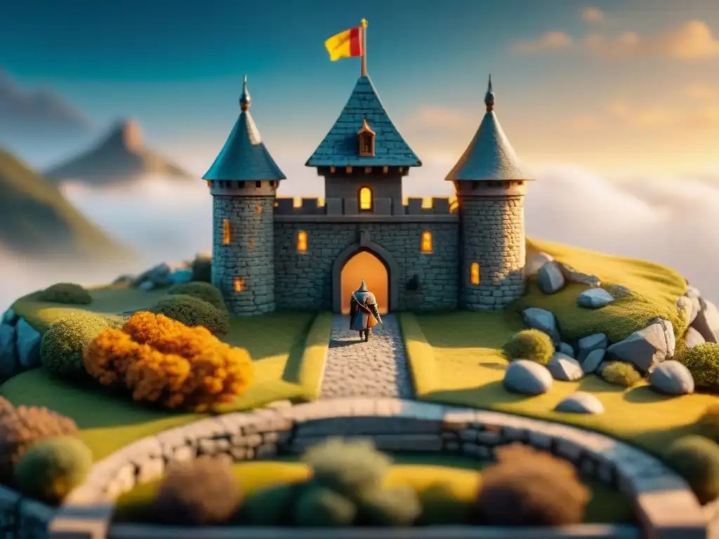 Castillo en miniatura: detalle y realismo en 8k Increíble maqueta de un castillo en miniatura detallado, con muros de piedra, puente levadizo, torres y banderas ondeando al viento