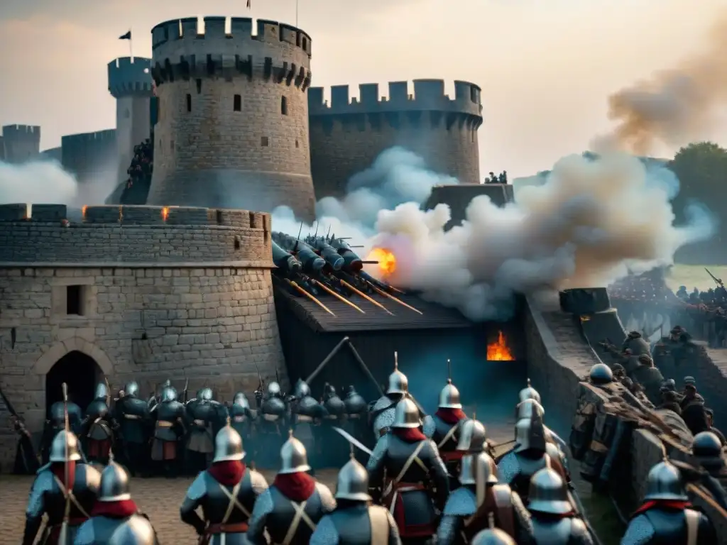 Castillo medieval bajo asedio: defensa desesperada con cañones y soldados Intensa defensa con artillería en castillo medieval durante asedio