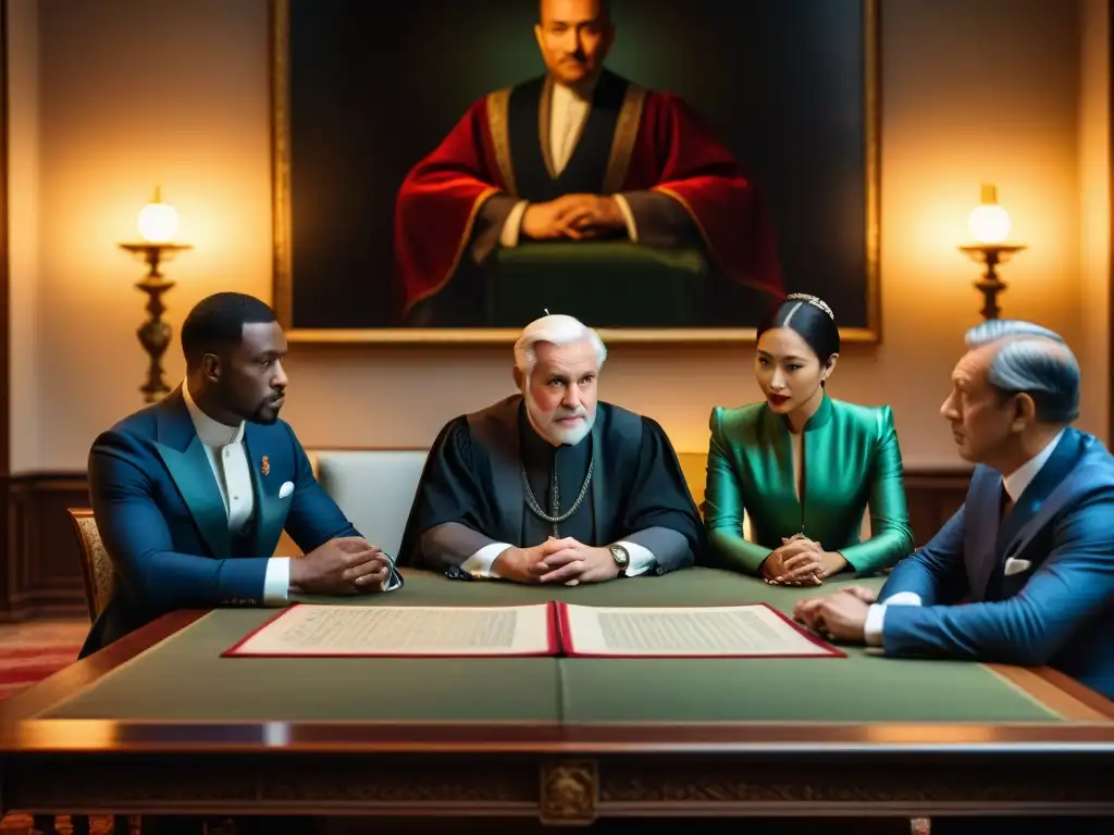 Negociaciones históricas en mesa ornamental: diplomáticos de diferentes épocas Intensas negociaciones diplomáticas para evitar asedios en una mesa grandiosa y detallada, con diplomáticos de diferentes épocas