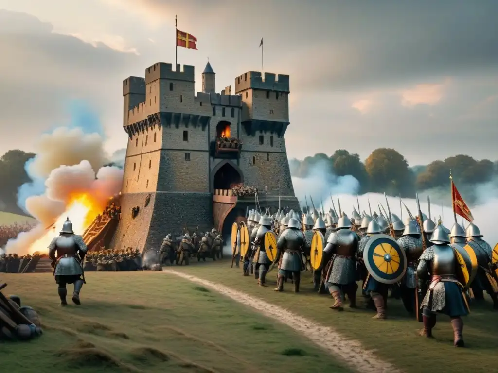 Asedio medieval: arte de guerra en acción Intenso asedio a castillo medieval con artillería en acción