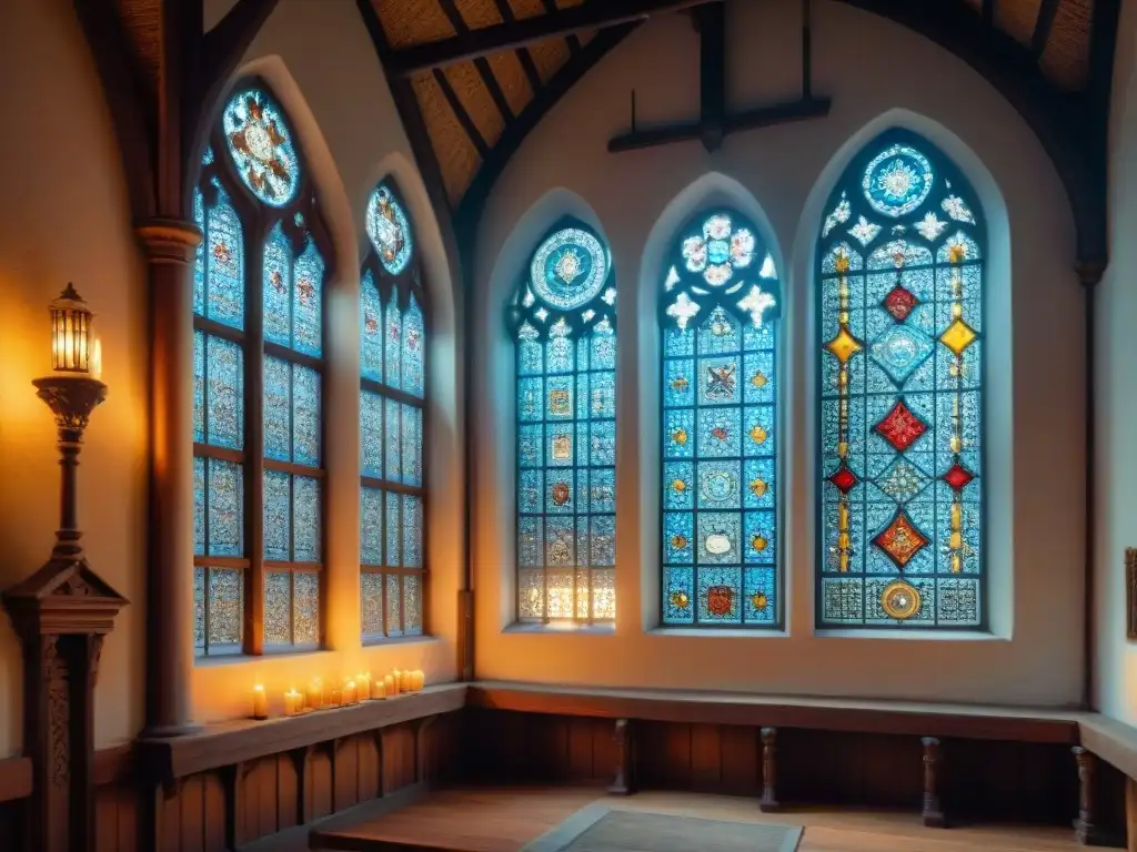Capilla medieval: esplendor sacro en castillo histórico Interior medieval de castillo con una capilla decorada, vitrales y luz de velas