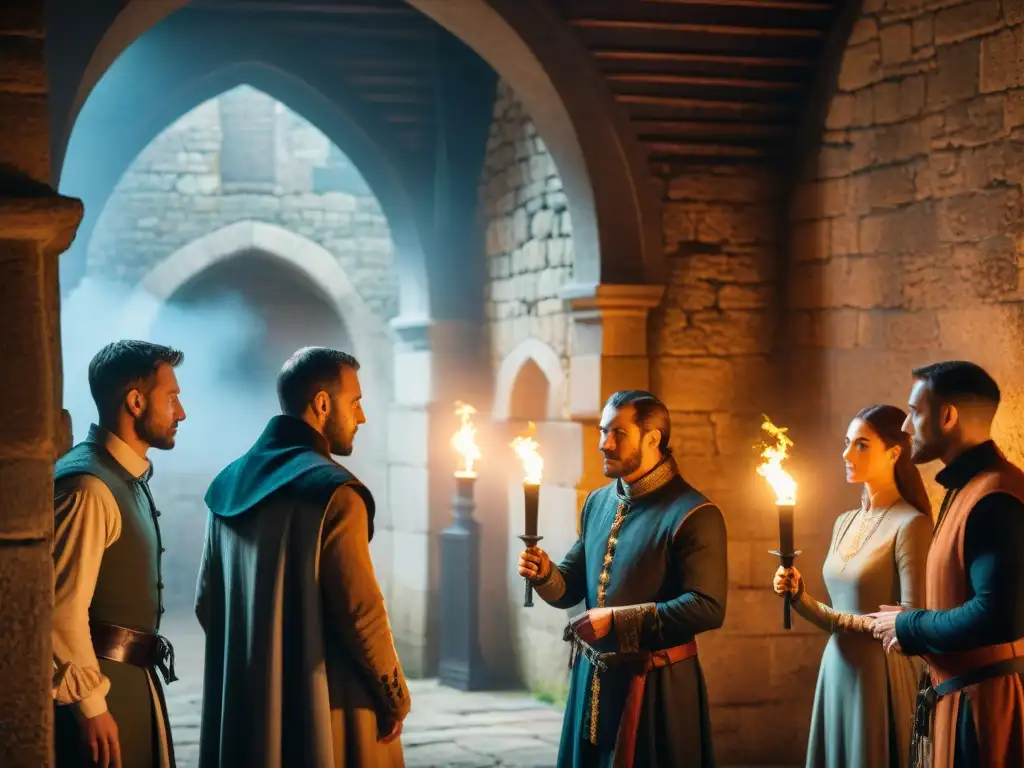 Reunión clandestina en castillo medieval: intrigas y secretos Intrigante escena de espías internos en un castillo medieval, con conspiradores intercambiando mensajes secretos