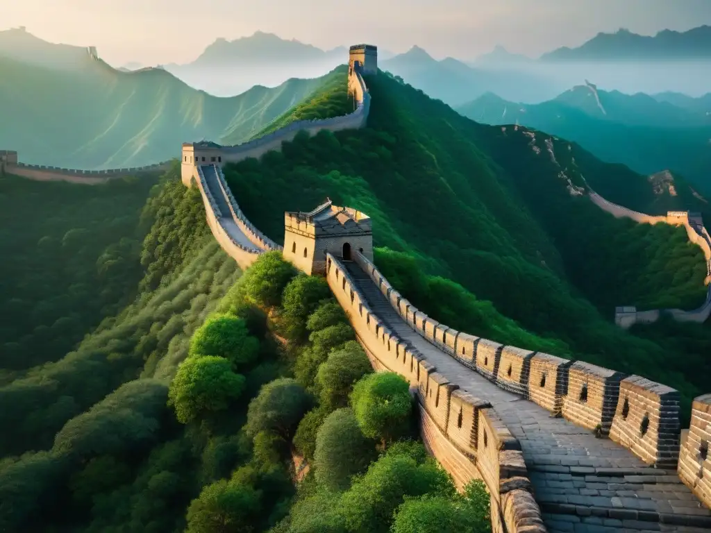 Gran Muralla China: Historia y grandiosidad en alta resolución Intrincada Gran Muralla China serpenteando en terreno montañoso, destacando fortificaciones y torres de vigilancia de la dinastía Zhou