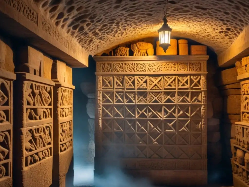 Intrincadas esculturas de piedra en cripta antigua iluminadas por antorchas, revelan secretos de criptas olvidadas historia secretos