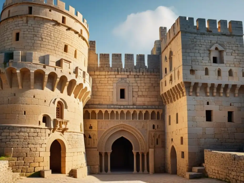 Fortaleza medieval en el Levante: fusión de diseños en piedra Intrincadas fortificaciones cruzadas en el Levante: fusión arquitectónica y cultural bajo la luz dramática