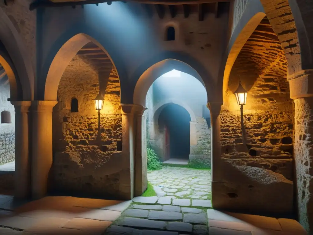 Ingeniosas defensas: pasadizos secretos de un castillo medieval Intrincadas redes de pasadizos secretos en un castillo medieval, resaltando la defensa y misterio