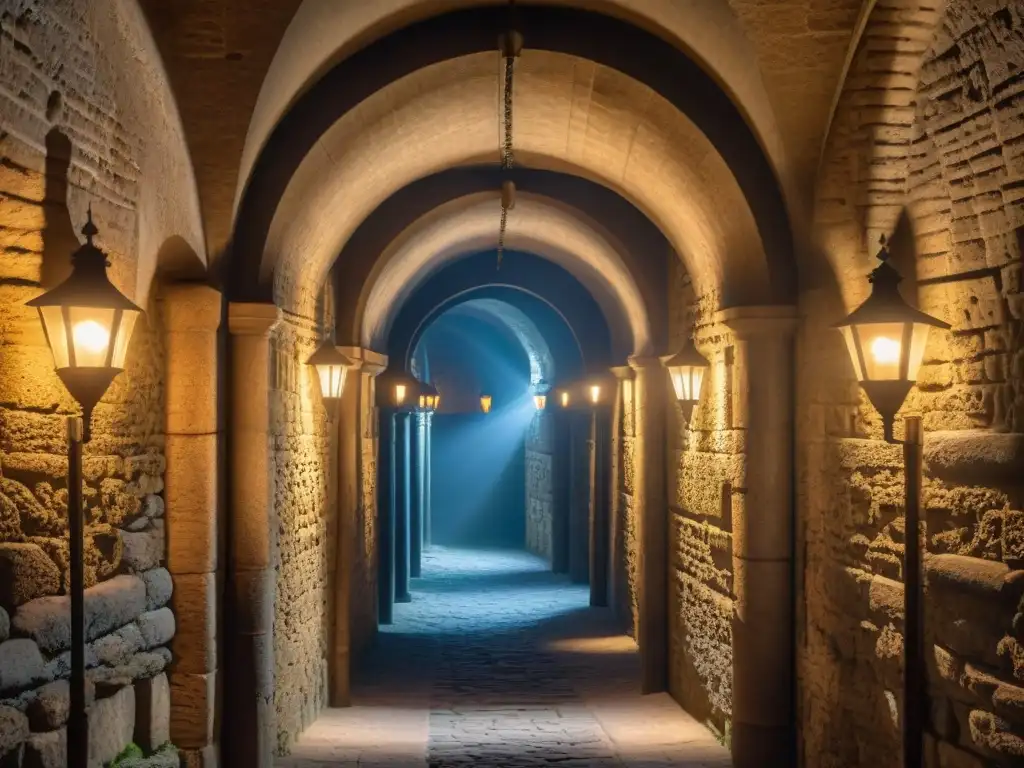 Misteriosos túneles bajo el castillo de Carcasona: defensa medieval Intrincadas redes de túneles subterráneos en el castillo medieval de Carcasona, con antorchas iluminando las antiguas paredes