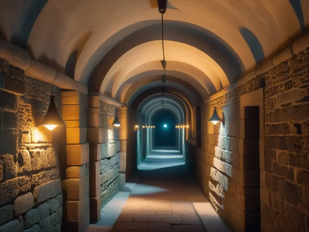 Intrigante túnel subterráneo en castillo medieval Intrincadas rutas de espías en castillos: túnel subterráneo iluminado por antorchas, sombras y secretos