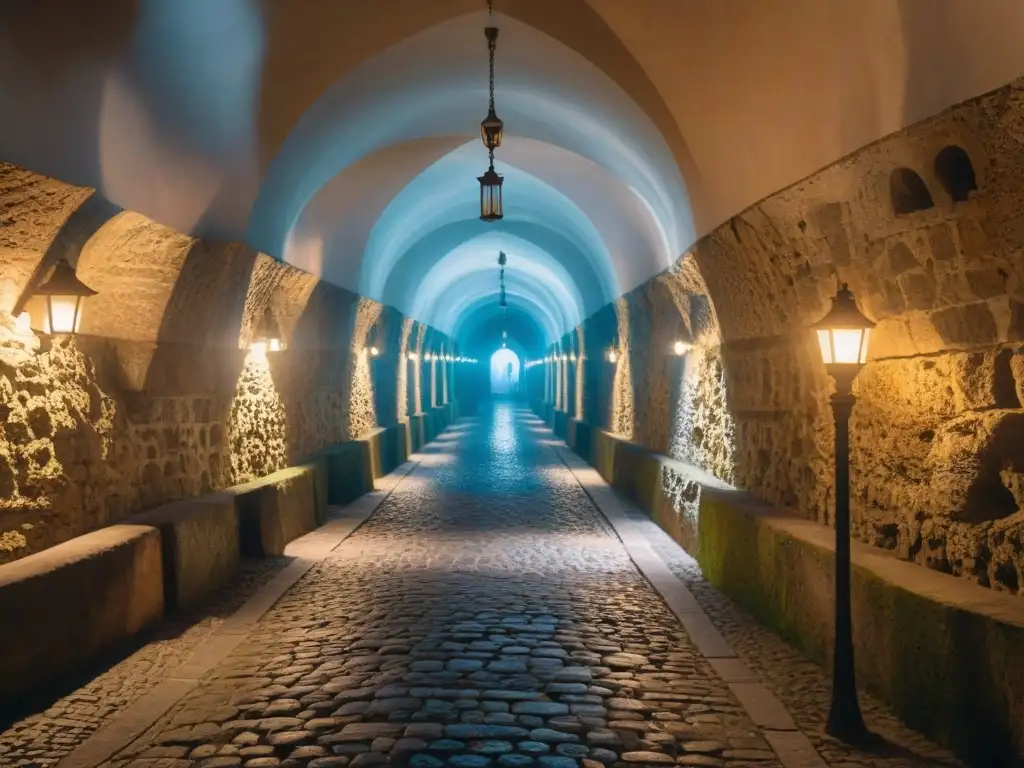 Secretos centenarios en las sombrías catacumbas del Castillo de Praga Intrincados túneles subterráneos del Castillo de Praga, iluminados por antorchas, evocando misterios y la historia centenaria