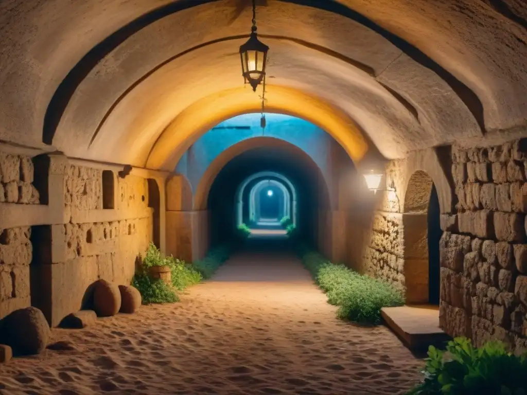 Red de túneles subterráneos en castillo antiguo: misterios y artefactos Intrincados túneles subterráneos iluminados por antorchas en un castillo antiguo